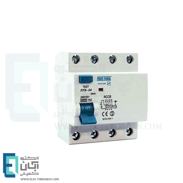کلید محافظ جان چهار پل 25 آمپر پارس فانال مدل PFR-4P-25A-6K-30mA